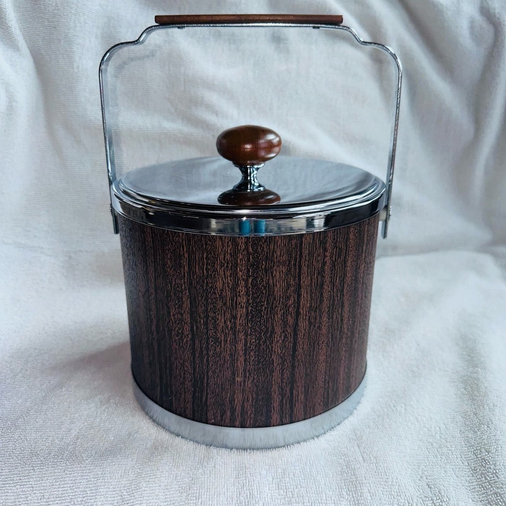 Vintage Atapco MCM Faux Wood Grain Vinyl Chrome Ice Bucket Mid Century USA